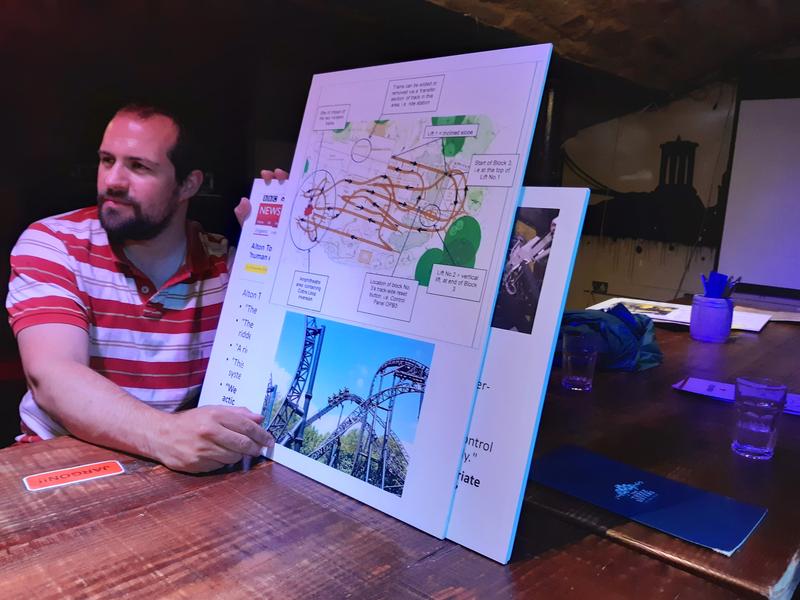 Man holding a couple of boards with images of a rollercoaster on them.