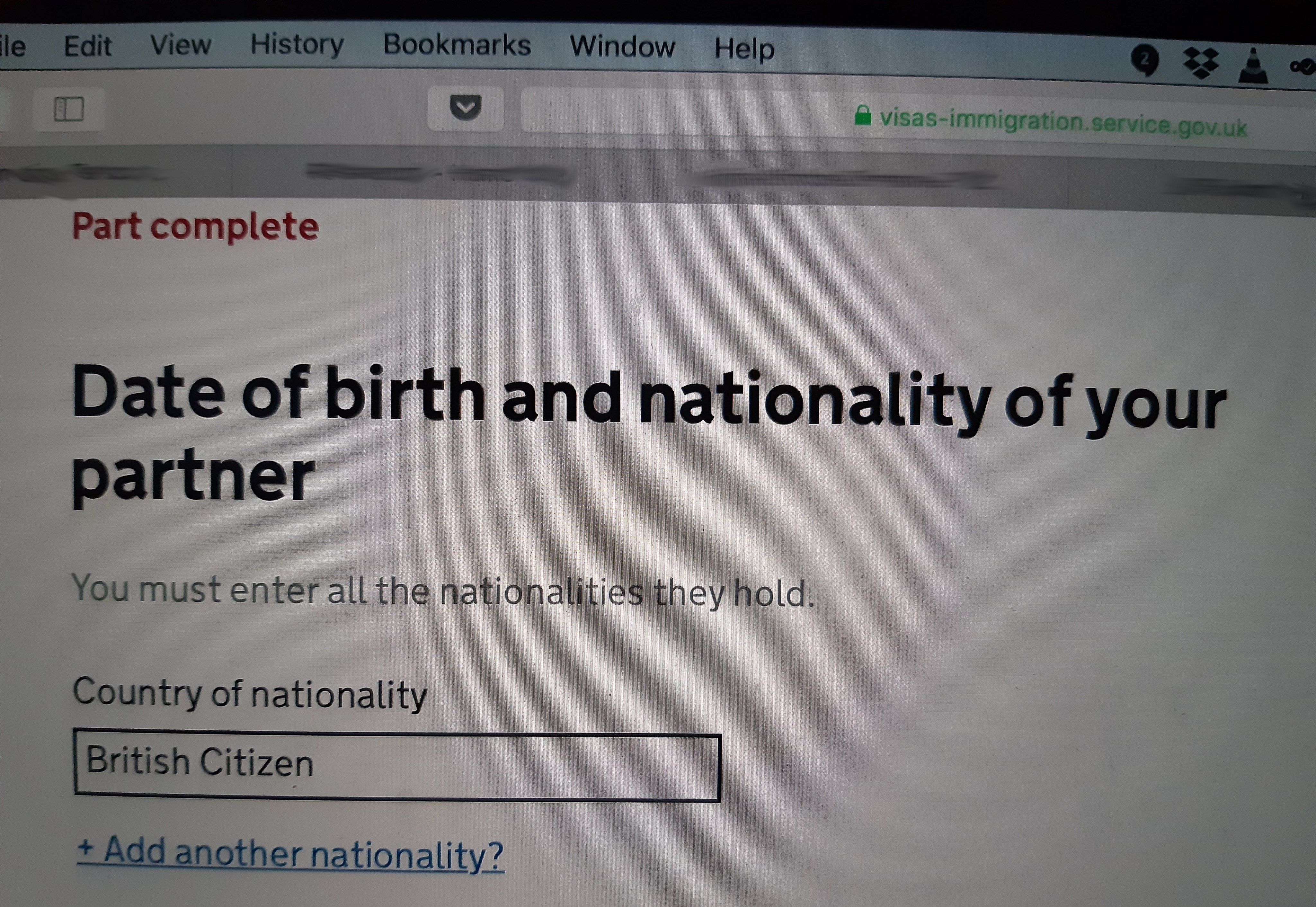Which country? Screenshot reads 'Country of nationality' with the answer 'British Citizen'