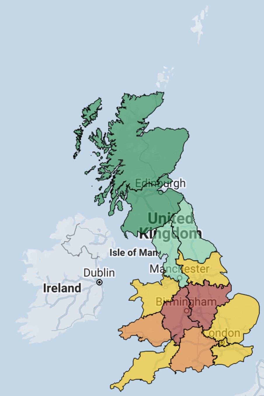 Map showing the British Isles with colour coded regions