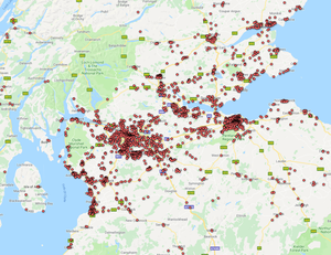 Map of central Scotland showing postcodes with IChemE members.